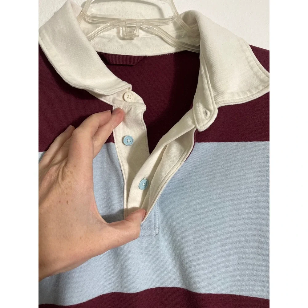 LULULEMON Long Sleeve Cotton Rugby Shirt in Wide Stripe Burgundy Bay Foam Cloud
